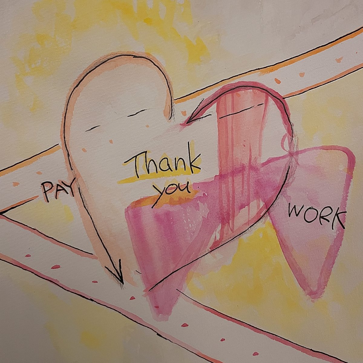 『Thank you』ハートの水彩画（pay と work のあいだで）